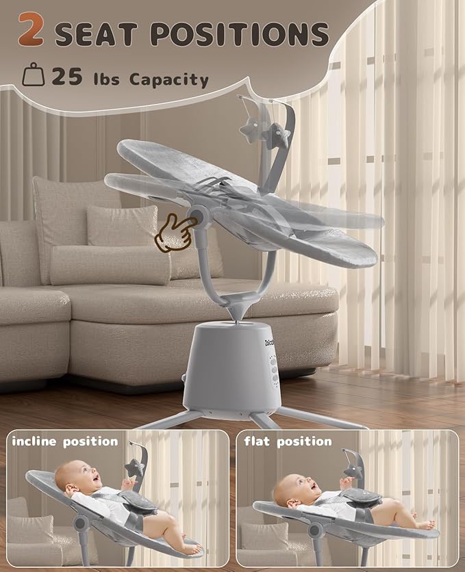 Zoicay Baby Swing,Baby Swings for Infants with 3 Modes & 5 Speeds, BT Enabled App & Remote Control, Electric Swing – 6 Lullabies and 3 Timer Setting, 2 Seat Positions and 5-Point Harness Swing (Gray)