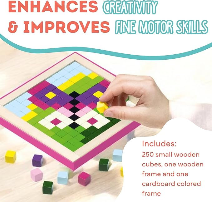 CUBIKA Mosaic Wooden Pixels – Montessori Puzzle for Toddlers – 250-Piece Wooden Puzzles for Toddlers– Educational Travel-Friendly Kids Puzzles Ages 2-4 – FSC Wood, German Water-Based Paints