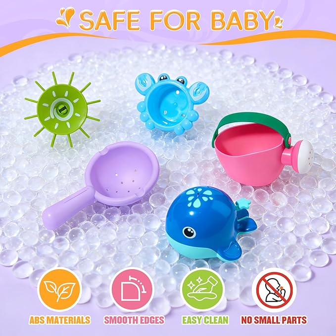 Baby Bath Toys for Kids Ages 1-3, Mold Free Toddler Bath Toys with 3 Stacking Cups & Spinning Wheel and Whale Bath Toy, Variety Bathtub Sand Beach Pool Water Table Toys for 1+ Year Old Boys Girl Gifts