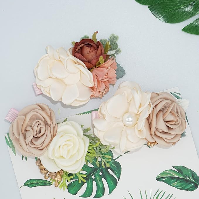 3pcs Girls Flower Hair Clips, Floral Hair Barrettes w/Boutique Fully Lined Alligator, Hair Bows for Baby Newborn Toddler