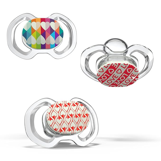 Smilo Baby Pacifier - 3 Pack of Slimline Pacifiers for Babies - Stage 3 for Babies 9+ Months - 100% Silicone Pacifier and BPA Free - Glow in The Dark - Valentine's Day Love Edition