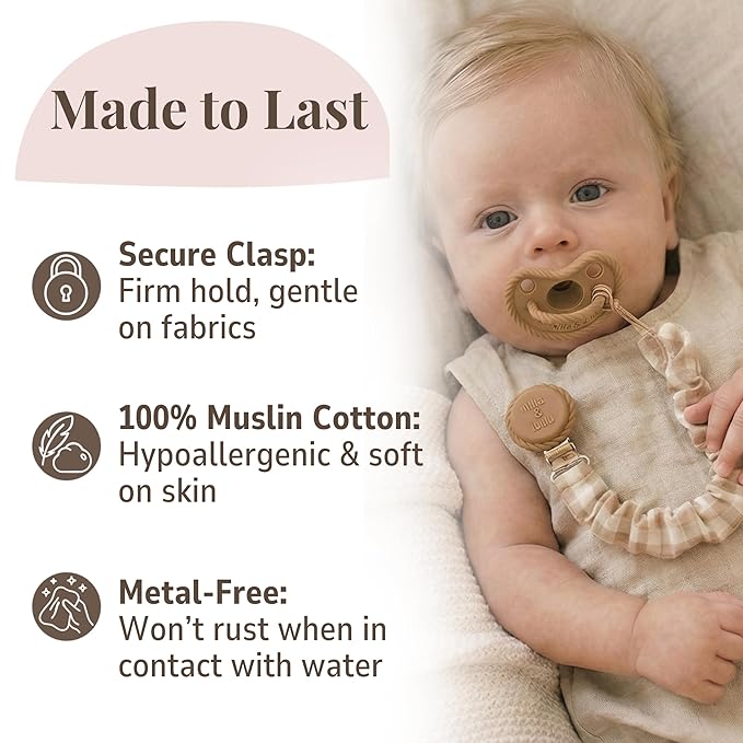 Muslin Cotton - Metal-Free Pacifier Clips, Lightweight and Secure Pacifier Holder for Babies (Hazel Miel) - Mila & Lulu