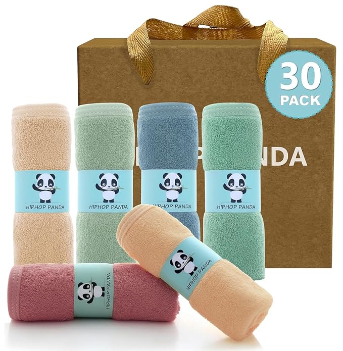 HIPHOP PANDA Baby Washcloths, Rayon Made from Bamboo - 2 Layer Ultra Soft Absorbent Newborn Bath Face Towel - Reusable Baby Wipes for Delicate Skin - Pastel Macaron, 30 Pack