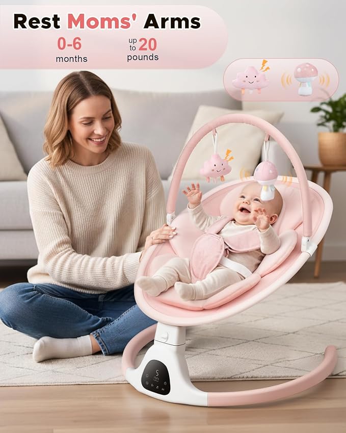 Baby Swing for Infants, Infant Swing with 5 Swing Speed, Built-in Lullabies, 5-Point Harness, Electric Infant Swing with Bluetooth for Indoor & Outdoor Use (Pink)