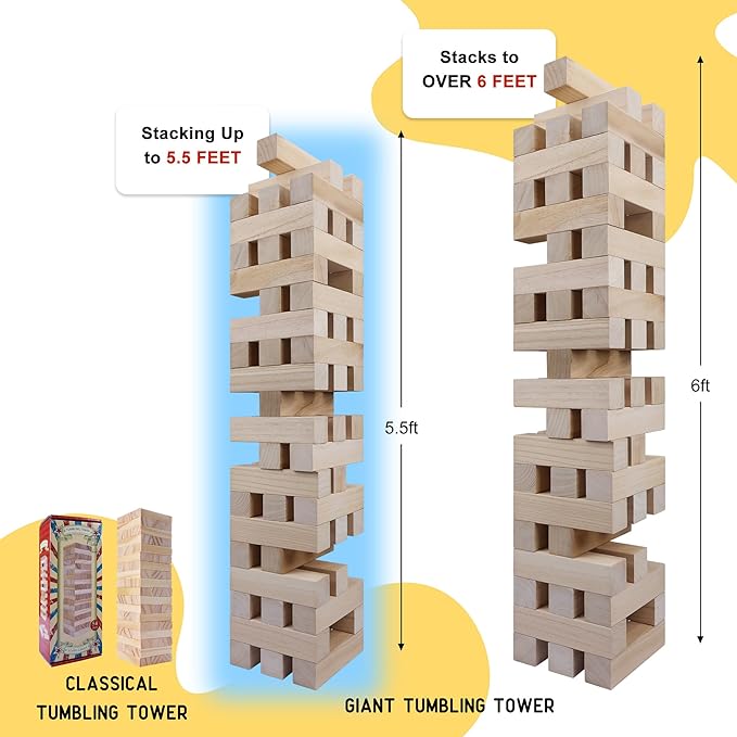 GOTHINK Giant Tumbling Tower Game, Super Large 51pcs Wooden Blocks Stacking Game, Stacking Up to 5.5 Feet, Timber Blocks with Carry Bag, Jumbo Blocks Outdoor Indoor Game Toy Gift for Kids and Adults