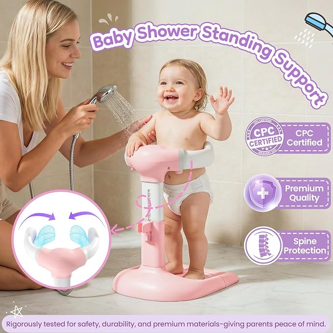 Upgraded Baby Shower Stand with Anti-Pinch Silicone & Anti-Slip Base, Adjustable Height Soporte para Bañera de Bebé, Baby Bath Standing Support Assist Holder for 6-36 Months Toddler, Ideal Gift, Pink