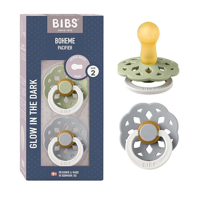 BIBS Boheme Glow in The Dark Soother 2-Pack. BPA Free. Round Latex, Size 2 (6-18 Months), Sage Glow/Cloud Glow