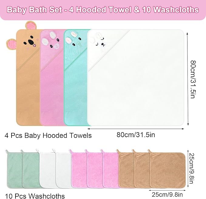 14PCS Baby Bath Towels Set for Newborn, 4PCS Animal Hooded Baby Towels(31.5''x31.5'') & 10PCS Washcloths for Toddler, Soft and Absorbent Coral Fleece, Essential Gifts for Boys & Girls