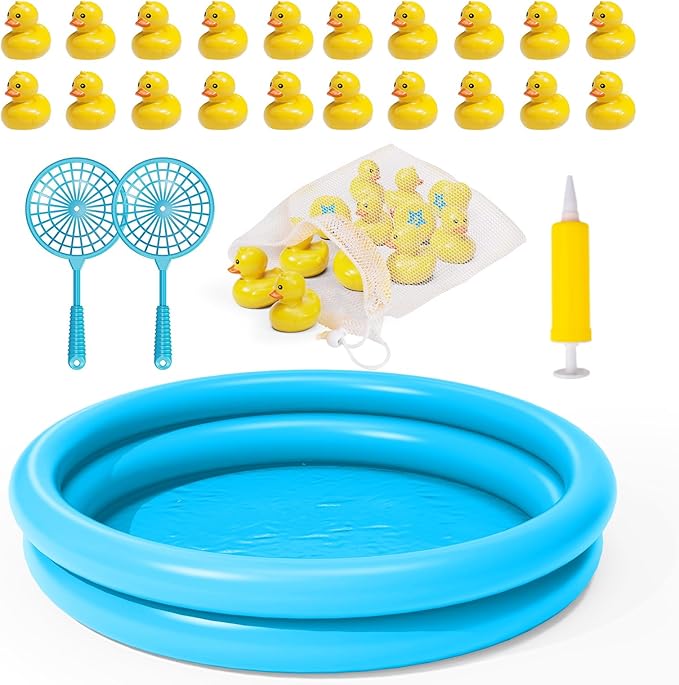 Duck Pond Matching Game Toys for Kids - 20 Plastic Ducks with Numbers,25" x 5" Kiddie Pool | Storage Bag, 2 Nets-Fun Memory Games - Water Outdoor Game for Children,Preschooler, Birthday Party Carnival
