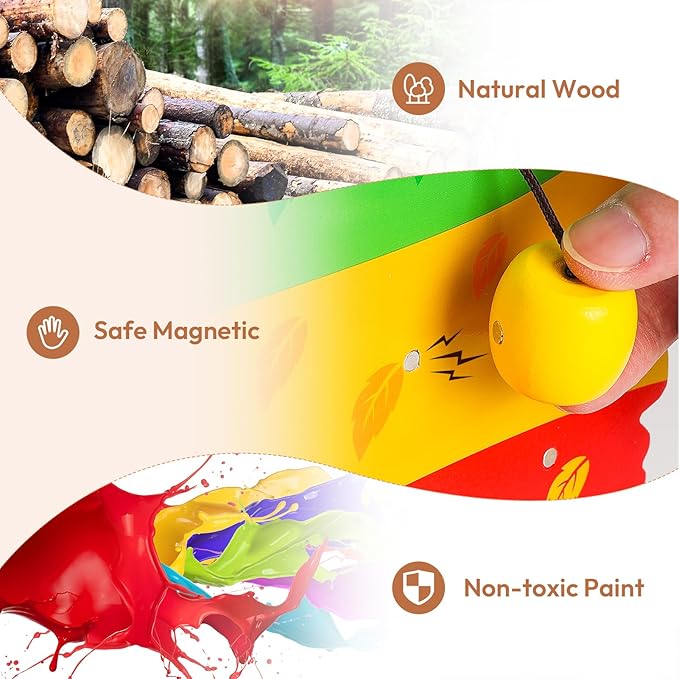 Woodtoe Toddler Fine Motor Skill Toys, Montessori Wooden Sensory Toys for Toddlers 3 4 5 6 Year Old, Apple Picking Magnetic Tree Toy, Color Sorting and Matching Game, Educational Learning Gift for Kid