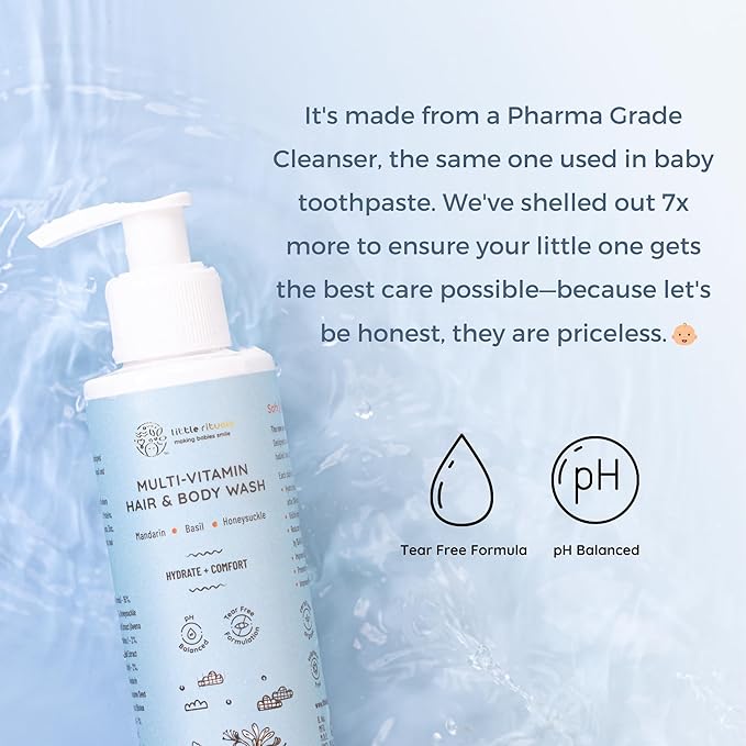 Little Rituals Baby Multi-Vitamin Body & Hair Wash - Tear Free + pH 5.5. Formulated with Best Plant Botanical - Honeysuckle, Basil, Mandarin. Natural, Organic, Dermat Tested(200ml)