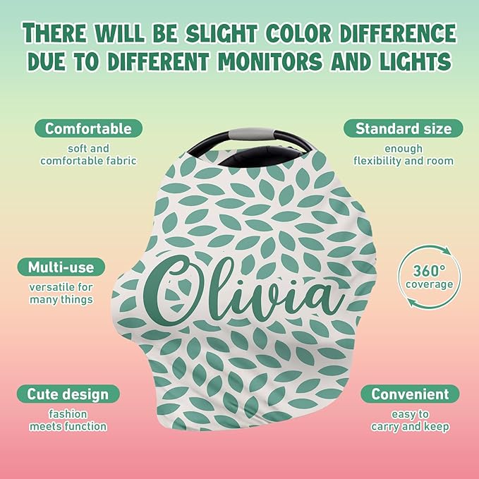 Personalised Car Seat Cover for Girls and Boys - 7 in 1 Multipurpose Breast Feeding Cover, Nursing Cover, Green Leaf Pattern Grocery Cart Cover - Birthday Gift for Babies