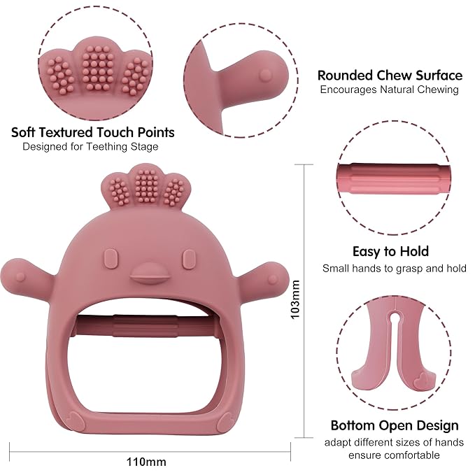 Baby Teether Toy for Infants 3–12 Months, Silicone Chew Toy with Easy Grip Handle, Textured Surface for Teething Stage, One-Piece Design, Lightweight Travel-Friendly (Chicken Dark Pink)