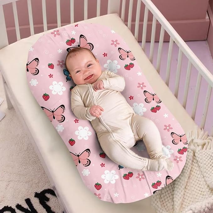 Butterfly Strawberry Snuggle Me Organic Lounger Cover Baby Lounger Pillow for Baby 0-12 Months Newborn Breathable Bayby Loungers