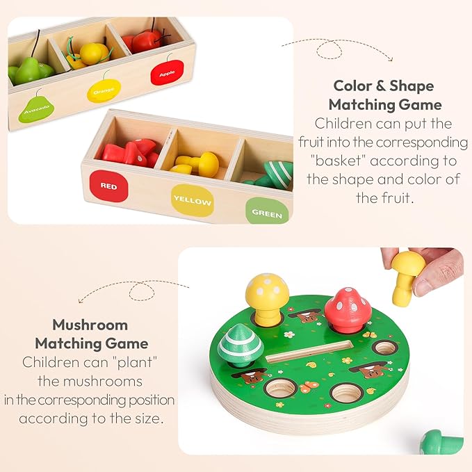Woodtoe Toddler Fine Motor Skill Toys, Montessori Wooden Sensory Toys for Toddlers 3 4 5 6 Year Old, Apple Picking Magnetic Tree Toy, Color Sorting and Matching Game, Educational Learning Gift for Kid