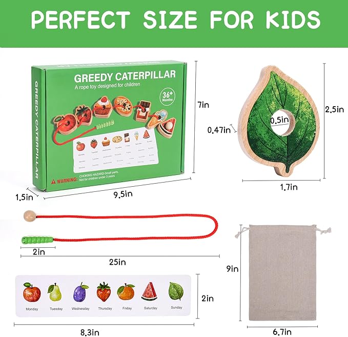 2025 New Upgrade Wooden Greedy Caterpillar Rope Toy, 2.5in Fruit & Vegetable Caterpillar Lacing Bead String Game, Montessori Fine Motor Skills Farm Toys for 3+ Year Old
