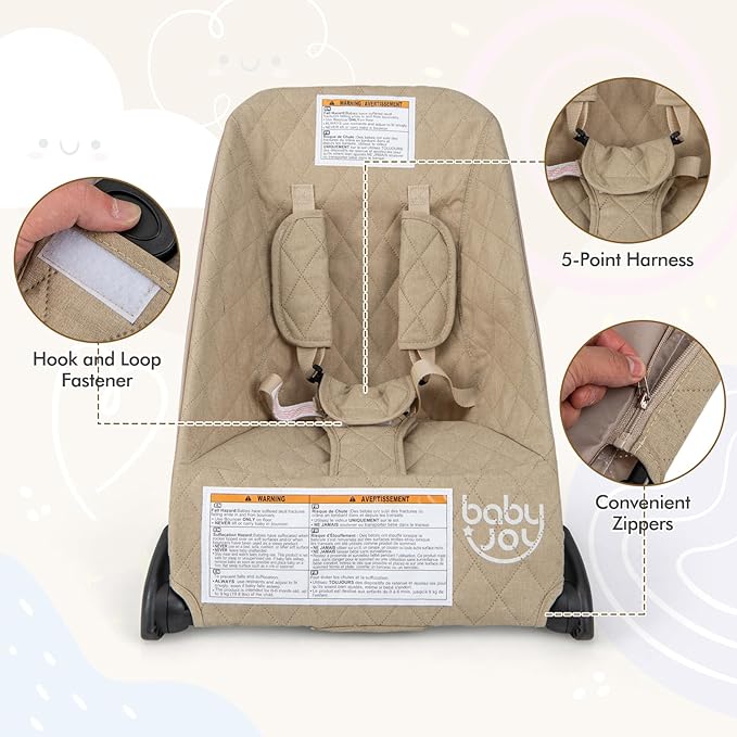 BABY JOY Baby Bouncer, Foldable Bouncer & Stationary Seat with 5-Point Safety Harness, Removable Fabric Cover, Portable Infant Bouncer Seat for Newborns Baby 0-6 Months (Beige)