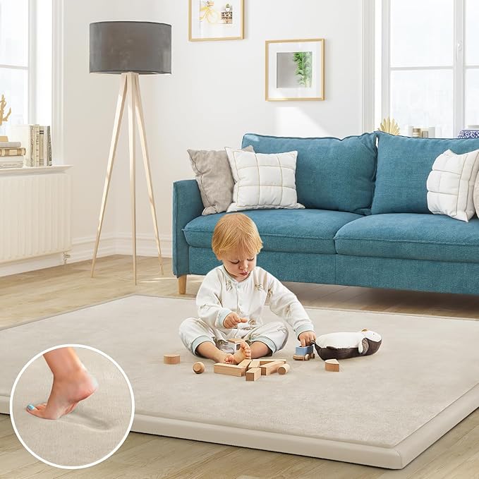 Baby Play Mat for Floor Nursery Rug Muscle Mat Area Rug Playroom Rug 59"x59" Playpen Mat Memory Foam 1.3" Thick Crawling Mat for Babies,Toddlers, Infants, Kids,A Beige