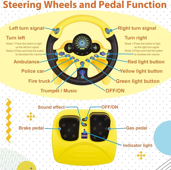 RedCrab Steering Wheels with Brake and Gas Pedals Toy for Kids,Simulated Driving for Toddlers with Light&Music, Pretend Driving Seat Toys, Baby Electric Early Learning Educational Toys (Yellow)