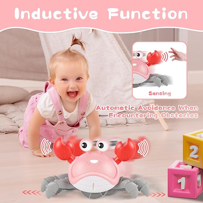 Gigilli Crawling Crab Baby Girl Toys, Tummy Time Baby Toys 6-12-18 Month, Infant Learning Crawl Walking Dancing Crab with Music&Speed Control for 3 4 5 6+ Girls Year Easter Birthday 1 2 3 Gifts