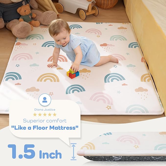 Premium Soft 1.5" Thick Baby Play Mat, Large 50" x 50" Memory Foam Floor Mat for Crawling, Non Slip Safe Babies & Toddlers Activity Mat for Nursery/Playroom (Rainbow Macaron)