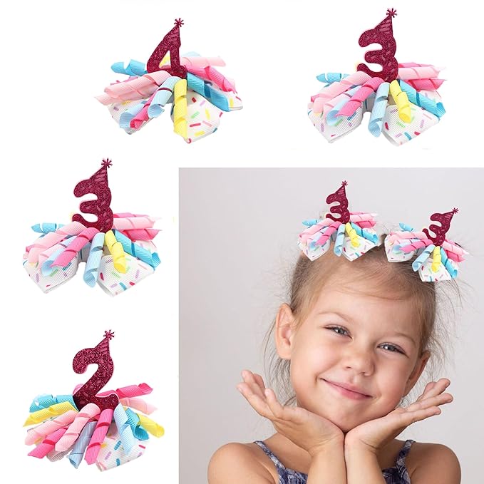 Birthday Hair Clips for Baby Girls - 2Pc Curly Ribbon with Deep Red Number Bow Hair Clips for 3rd Birthday Baby Bow Party Decorations for Girls Toddlers Hair Accessories (Deep red Number-3 Years)