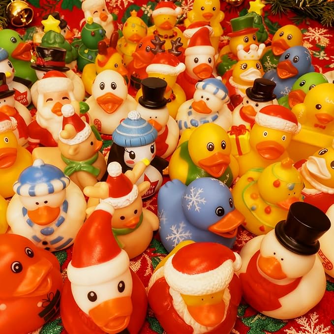 Rubber Ducks in Bulk Mini Rubber Ducks Basket Stuffers Ducks for Kids Baby Bath Toys Party Favor (Christmas, 48)