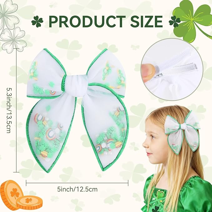 CN 6 PCS St.Patrick day Tulle Hair Bows for Girls, Toddler Bows with Glitter Star Alligator
