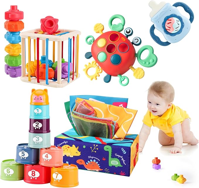 YOOYID 5 in 1 Baby Toys 6 to 12 to 18 Months, Montessori Toy for Babies 6-12 Months, Gifts for 1 Year Old, Sensory Toys for Babies, Baby Tissue Box, Stacking Cups, Shape Sorter Cube