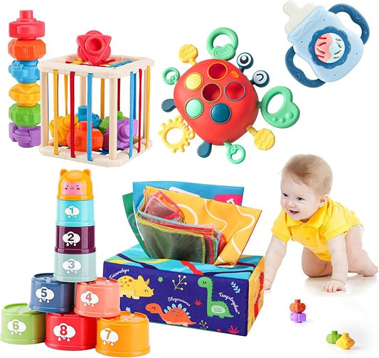 YOOYID 5 in 1 Baby Toys 6 to 12 to 18 Months, Montessori Toy for Babies 6-12 Months, Gifts for 1 Year Old, Sensory Toys for Babies, Baby Tissue Box, Stacking Cups, Shape Sorter Cube
