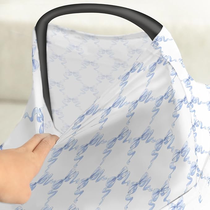 Blue Bows Ribbon Car Seats Cover for Babies Pastel Blue Ribbons Stretchy 5-in-1 Cover Adjustable Car Canopy Breastfeeding Cover Watercolor Bows Breathable Nursing Cover-Up