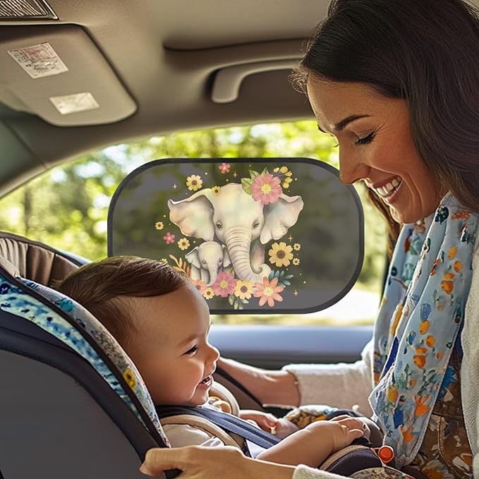Bulopur Floral Elephant Window Shades 2 Pack Car Window Covers UV Protection Breathable Sun Shade Car Window Baby Cute Design for Most Vehicle, SUV, Truck, Cars