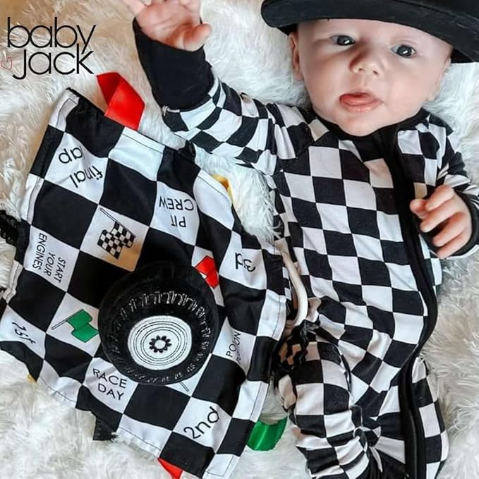 Baby Jack & Co 10x10” Racing Sports Lovey Sensory Plush Blanket - Tag Toy for Babies - Baby Stroller Toys - Learn Shapes, Letters & Colors - MVP Baby Tire Toy & Baby Sports Gift w/Stroller Clip