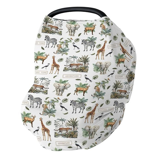 Safari Animals Adventure Car Seat Cover for Baby Elephant Leopard Giraffe Zebra Tropical Leaves Stretchy 5-in-1 Cover Adjustable Infant Carseat Cover Canopy African Animal Breathable Nursing Cover-Up