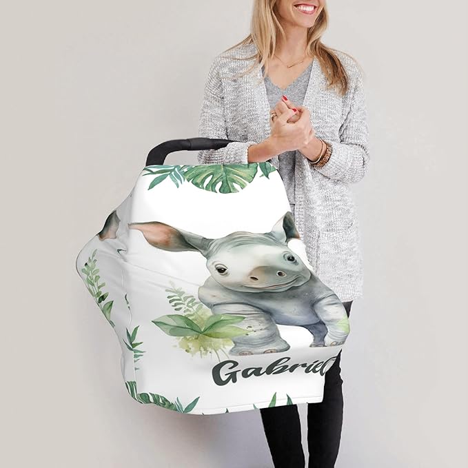 Personalized Car Seat Covers for Babies with Name – Multi-use Breastfeeding Cover Custom Rhinoceros Carseat Canopy Cover, Infant Stroller Covers for Boys and Girls