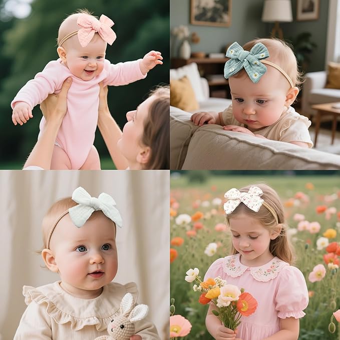 LemonSpace 4" Handmade Baby Girl Bows and Headbands,10 pcs Strechy Soft Nylon Hairbands Hair Bows for Newborns Infants Toddlers Elastic Baby Hair Accessories for Girls Gifts