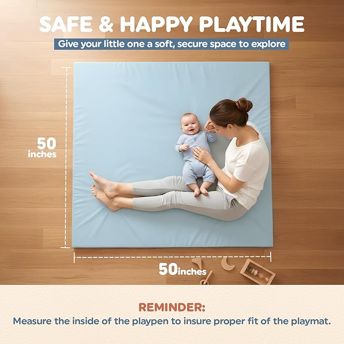 Motherly Haven Play Mat Cover Only – Fits 50x50x1 Rollable Foam Floor Mat for Babies – Waterproof, Easy to Clean Replacement Cover for Tummy Time & Crawling – Blue