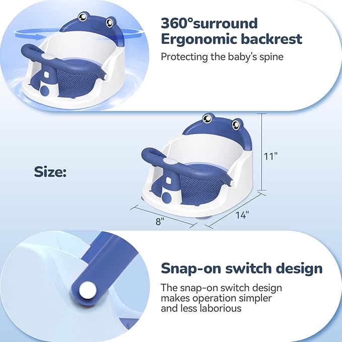Baby Bath Seat for Babies 6 Months & Up - One-Handed Snap-On Armrest Baby Bath Chair | 4 Suction Cup Non-Slip Baby Bathtub Seat with Storage Bag | Ergonomic Infant Bath Seats for Baby Sitting Up Blue