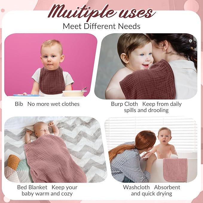 Hahafelt 6 Pcs Muslin Hooded Bath Towels Washcloths and Bibs Set, Muslin Cotton Baby Towels Absorbent Hooded Blanket Towel Infant Bibs for Boys Girls Newborn Infant Essential (Dusty Rose, Deep Rose)