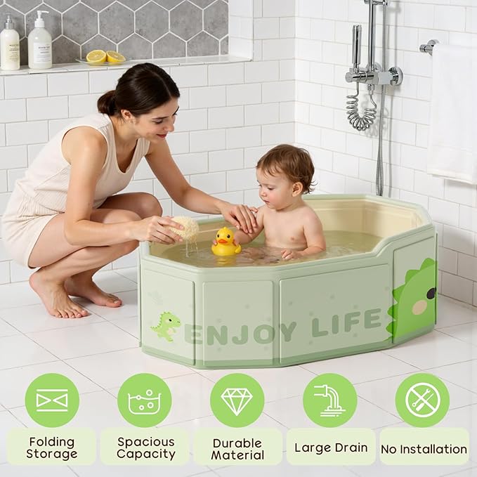 Foldable Baby Bath, Collapsible Baby Bathtub 3M-8Y, Portable Travel Baby Bath Tub with Non-Slip Base, Pop Up Folding Newborn Toddler Shower Tub, Space Saving, Dinosaur Pattern