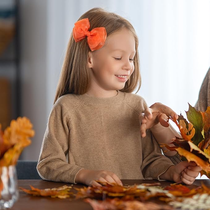 Happy Fall Mesh Ribbon Hair Bow Clips 4" Orange Red Organza Double Tulle Bow Alligator Barrettes Hairpins Give Thanks Day Outfit Decor Accessory Gift For Teens Toddler Girls Kids