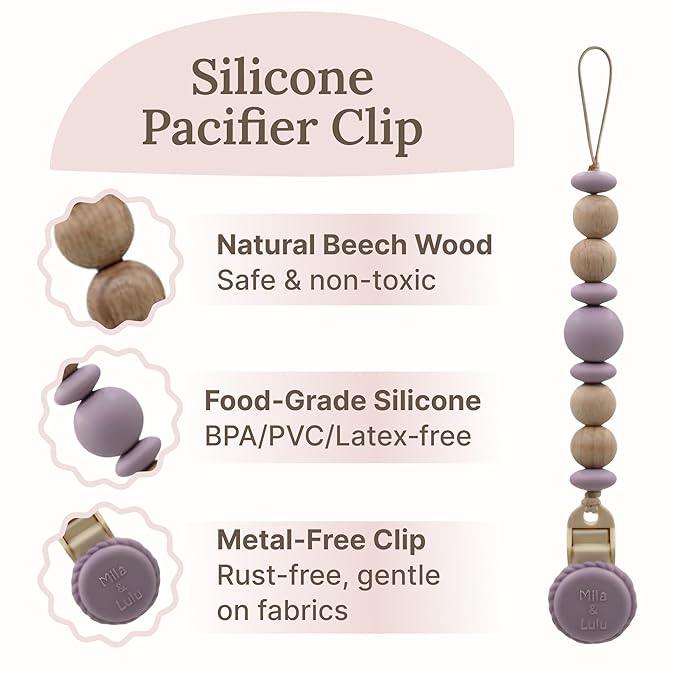 Silicone Pacifier Clip – Metal-Free, Rust-Free, 100% Food-Grade Silicone and Natural Beech Wood, Secure Pacifier Holder for Babies– Mauve - Mila & Lulu