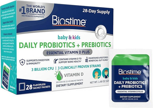 Biostime Infant Baby Toddler Kids Probiotic & Prebiotic with Vitamin D | Baby Probiotic Powder | Kids Immune Support | Constipation Relief for Babies * | Supports Digestion, Gas Relief | 28 Packets
