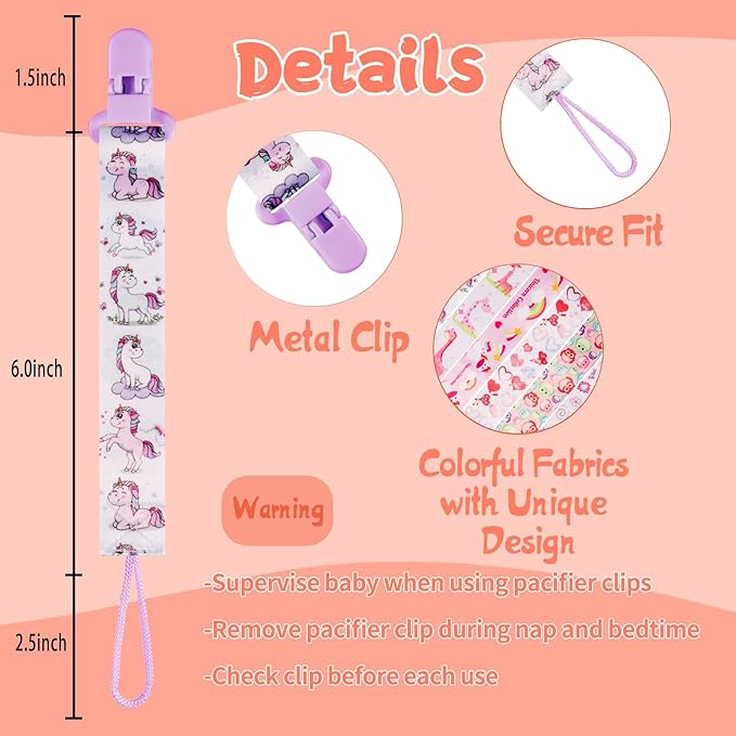 12 Pack Princess Rainbow Unicorn Pacifier Clip for Girls, Cute Magical Printed Pacifier Holder, Secure Clip, Great Baby Girl Shower Gift (Multicolor G 25/26cm)