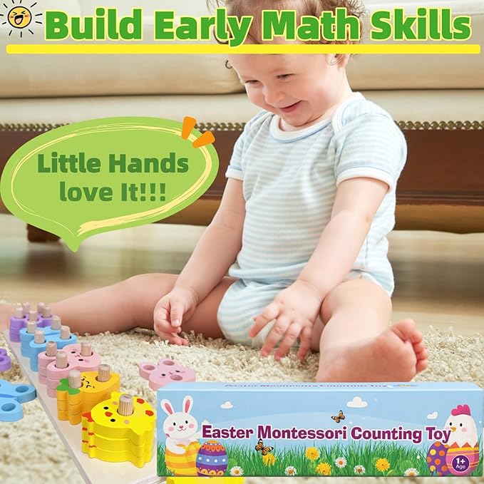 UURM Easter Montessori Toys for 1 2 3 Years, Wooden Counting & Stacking Toys for Toddlers Educational Learning Toys Easter Basket Stuffers