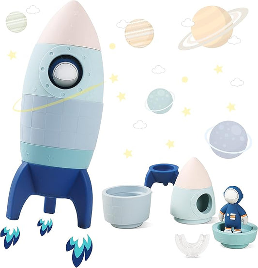 JETM·HH Silicone Rocket Stacking Toy - Space Rocket Toy - Baby Teething Toys -Early Learning Stacking Tower Educational Learning Stacking Toys Nesting Toy for Early Educational for Infants (Blue)