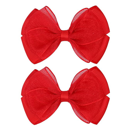 Tiny 3 Inch Organza Double Hair Bow Clips - Lined Boutique Alligator Hairpin for Baby Girls, Toddlers, and Little Teens - Kids Barrettes Set of 2 Small Stylish (Red)