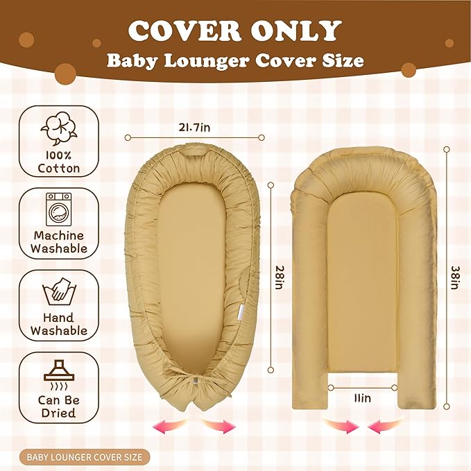 Baby Lounger Cover for Boys and Girls, Khaki 100% Cotton Baby Nest Cover, Breathable Replacement Cover for Infant and Newborn Snuggle Me Lounger, Cover Only