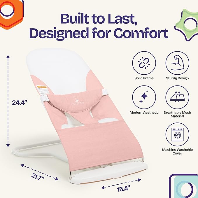 ComfyBumpy Ergonomic Baby Bouncer Seat - Bonus Travel Carry Case - Safe, Portable Bouncing Chair with Adjustable Height Positions - Infant Bouncy Seat Perfect for Newborn Babies (Pink)