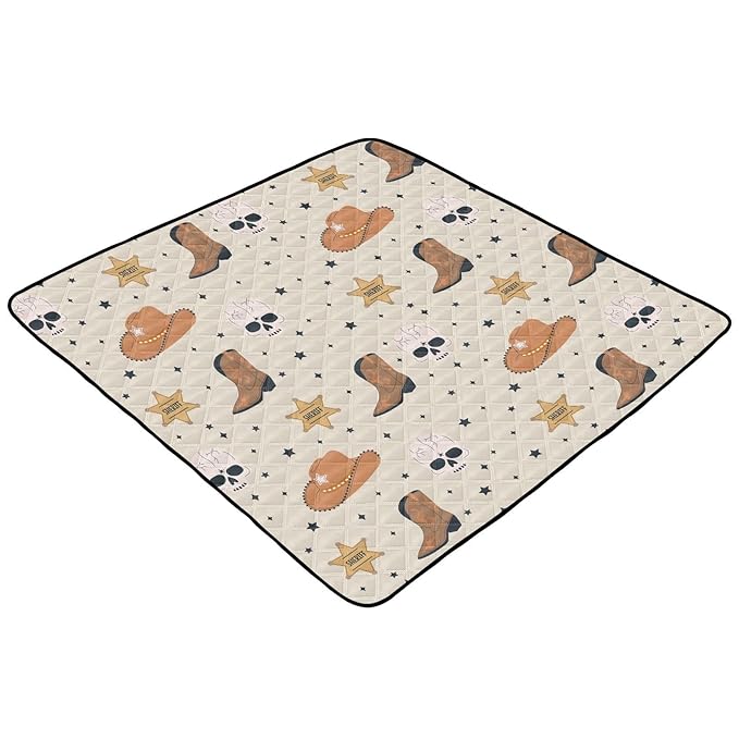 Baby Play Mat Cowboy Western Skull Hat Boots 50 x 50 Playpen Mat Baby Play Mats for Floor Play Gym Crawling Mat Non-Slip Cushioned Baby Playmat for Infants, Babies, Toddlers